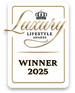 Award plaque for 'Luxury Lifestyle Awards Winner 2025' with gold text and a crown symbol.