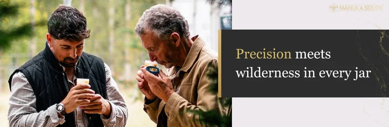Two men carefully smelling premium Manuka honey in a forest.