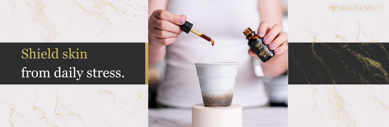 Collage of a person pouring a dropper into a glass with text 'Shield skin from daily stress' on a marble background.