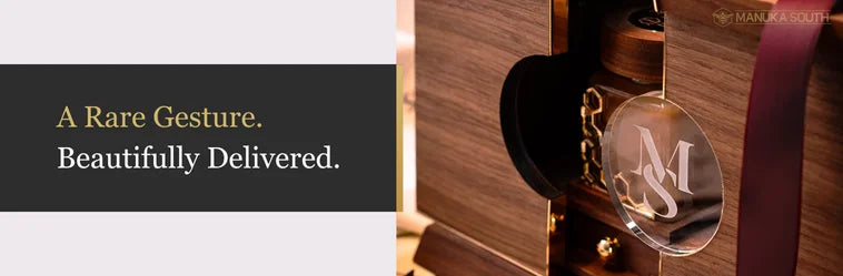 Manuka honey gift set with ribbon and engraved initials.