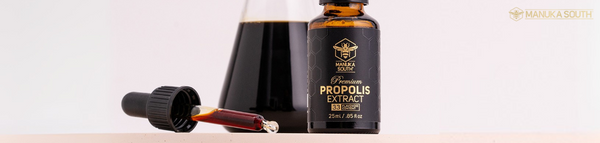 Bottle of propolis extract with dropper and glass container on a light background