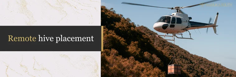 Helicopter carrying hive crate for remote Manuka South hive placement.