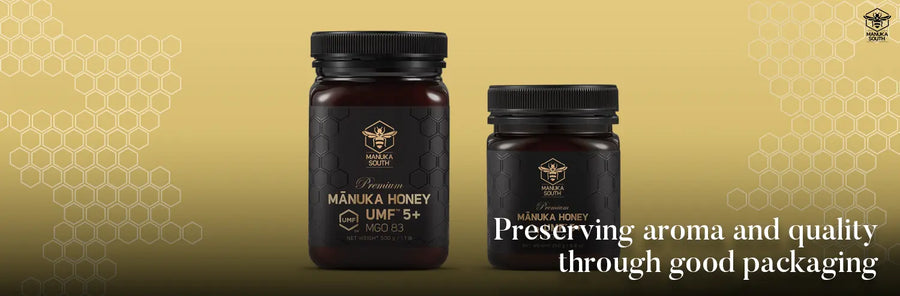 Two dark jars of Manuka South Premium Manuka Honey, one large (UMF 5+ MGO 83) and one small, are displayed against a golden background patterned with honeycombs. Text overlay reads: "Preserving aroma and quality through good packaging".