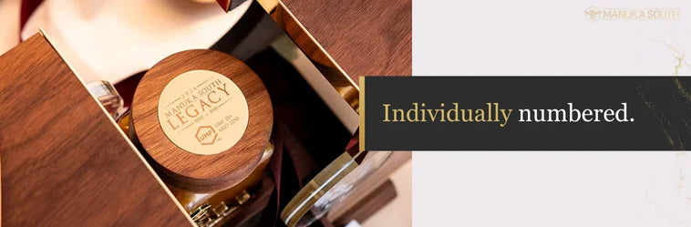 Individually numbered Manuka South Legacy honey jar in a luxury wooden box.