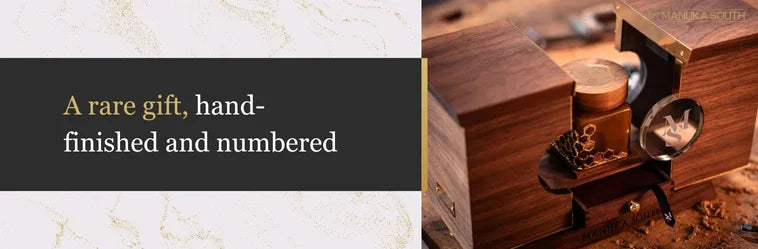 Luxury wooden gift box with hand-finished, numbered Manuka South honey jar.