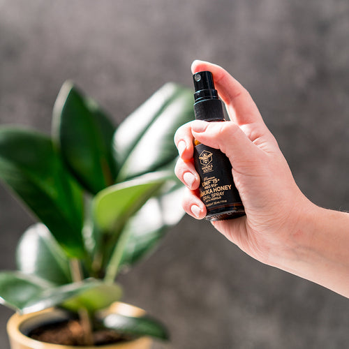 Manuka Honey oral spray in hand ready to spray