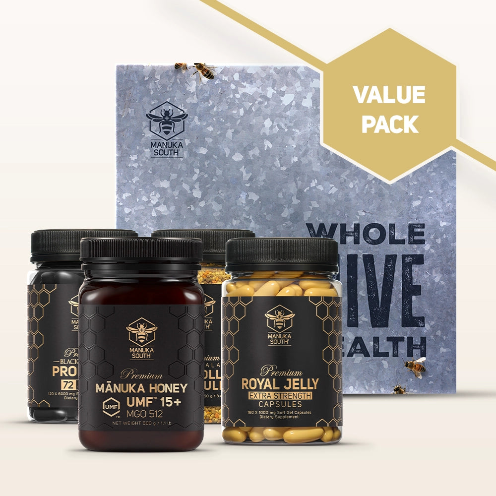 Manuka South health product value pack with jars of honey and capsules on a light background