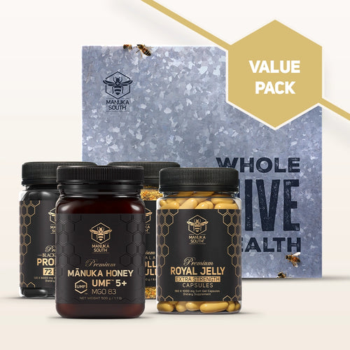 Whole Hive Wellness value pack containing manuka honey, propolis, royal jelly, and bee pollen