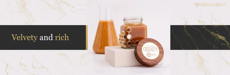 Velvety and rich Manuka South honey jar with golden honey and honeycomb.